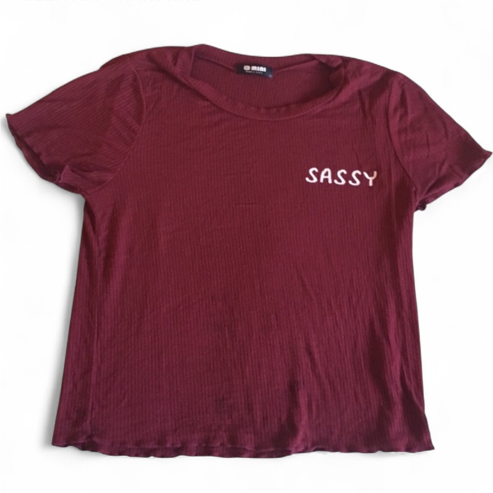 G MINI “SASSY” MAROON SHORT SLEEVE RIBBED STRETCHY TOP SIZE SMALL